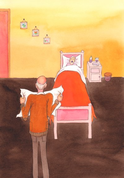 As boas intenções não são suficientes. Matar é errado, incluindo matar os doentes e os idosos, mesmo que tenhamos uma boa intenção em mente, 2004 (aguarela sobre papel) de Elizabeth Wang