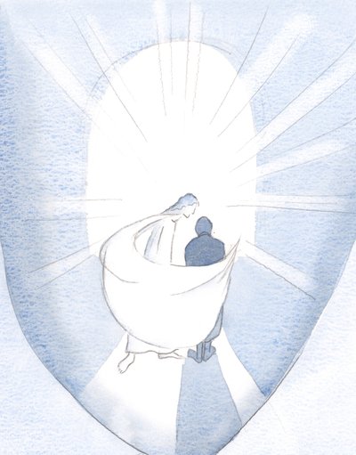Ele circulou minha alma, vendo-a varrida por um longo trabalho e por Seu poder, e então Ele jogou Sua capa reconfortante ao meu redor, 2000 (w - c no papel) de Elizabeth Wang