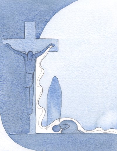 Ele me mostrou a Cruz, na posição vertical, Sua Mãe embaixo dela, e Seu Sangue em um grande derramamento, fluindo sobre mim., 2000 (w - c no papel) de Elizabeth Wang