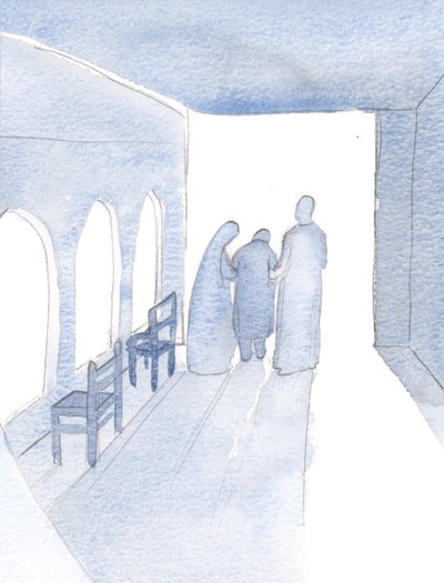 Ele teve pena de mim e acompanhou-me ao meu trabalho, Ele de um lado e Sua Santa Mãe do outro., 2000 (w - c no papel) de Elizabeth Wang