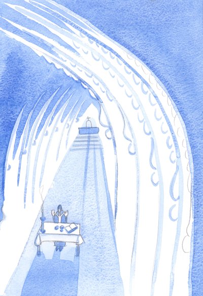 Santos Anjos, no alto, rodeiam o nosso altar, olhando para ele, prontos para adorar Nosso Senhor quando Ele se tornar Presente perante nós, 2001 (c - c no papel) de Elizabeth Wang
