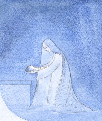 Com que simplicidade Mary, ajoelhada, colocou seu bebê para dormir, sem se preocupar com pensamentos de seu próprio papel privilegiado., 2001 (w - c no papel) de Elizabeth Wang