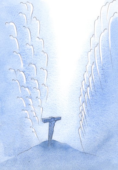Como os Anjos, milhares deles, estremeceram de horror quando o próprio Filho de Deus morreu no Calvário, em Sua rendição e louvor infinito ao Pai., 2001 (w - c no papel) de Elizabeth Wang