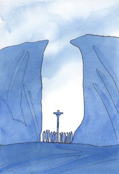 Por menor que seja, isolada ou perseguida nossa comunidade pode ser, Cristo está entre nós na missa, como se estivesse em um abismo, 2001 (w - c no papel) de Elizabeth Wang
