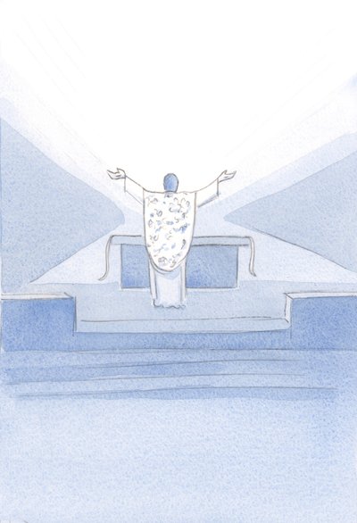 Eu vi Cristo, após a Consagração. Ele estava diante do altar, com as mãos levantadas, orando Suas orações sacerdotais (as nossas também) ao Pai acima., 2001 (w - c no papel) de Elizabeth Wang