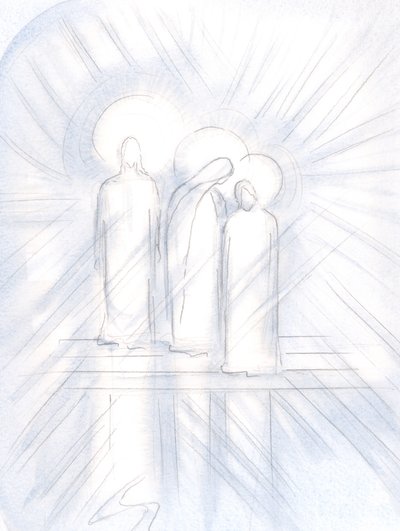 Vi Jesus claramente, Sua Santa Mãe ao Seu lado e São José ao Seu lado. Cristo os dá a nós, como ajudantes e exemplos, 2000 (w - c no papel) de Elizabeth Wang