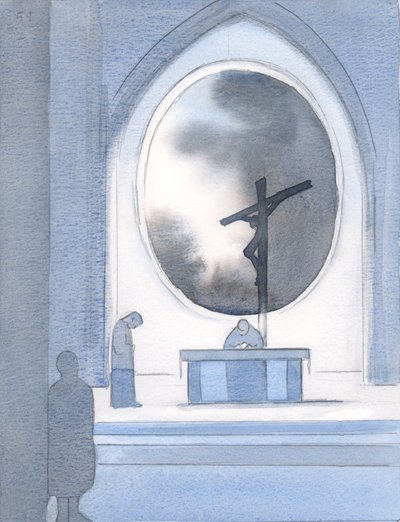 Eu vi uma janela no tempo, e nosso querido Senhor pendurado indefeso na cruz, 2000 (w - c no papel) de Elizabeth Wang
