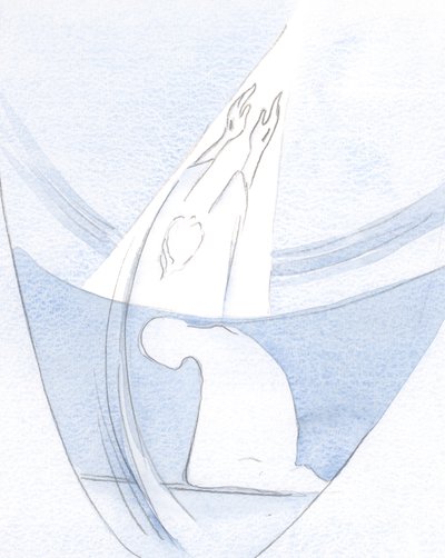Eu vi como a vida e o sacrifício de Cristo perfuram o próprio Céu, abrindo um caminho onde podemos seguir, para compartilhar Sua glória., 2000 (w - c no papel) de Elizabeth Wang