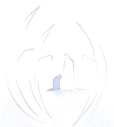 Eu vi como os Santos Anjos reverenciam reverentemente a presença de Cristo na alma, na Sagrada Comunhão., 2000 (w - c no papel) de Elizabeth Wang