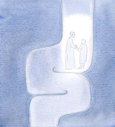 Vi que Cristo me segura ao longo das minhas viagens, à medida que avançamos para o Pai, como se viajássemos por túneis tortuosos, 2000 (w - c no papel) de Elizabeth Wang