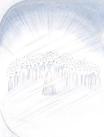 Eu vi os santos se acotovelando, por assim dizer, pelo privilégio de nos ajudar, com a Virgem Maria em seu centro, 2000 (w - c no papel) de Elizabeth Wang