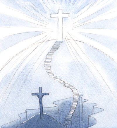 Eu vi a escada da alegria, e uma cruz iluminada, agora nosso símbolo Santo e Radiante, plantada no Céu, 2000 (w - c no papel) de Elizabeth Wang