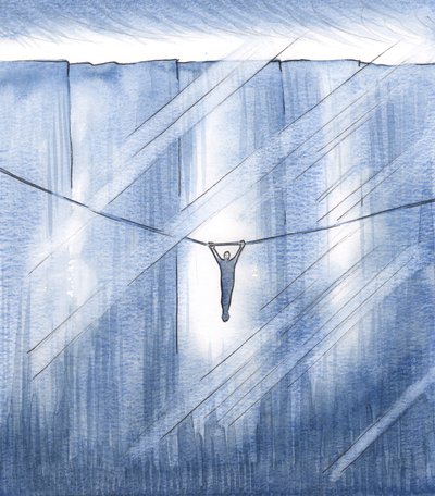 Eu estava me agarrando somente pela fé, agarrado a um tênue fio de esperança, suspenso sobre um vasto abismo, 2000 (w - c no papel) de Elizabeth Wang