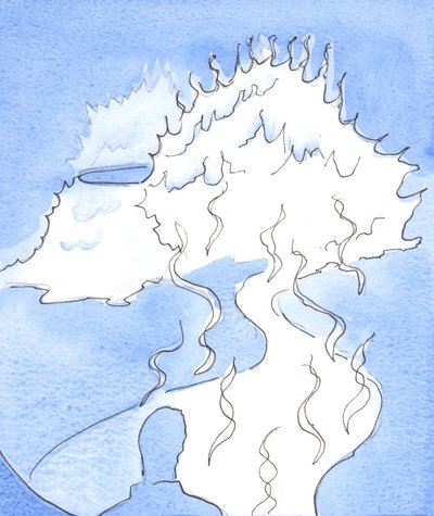Foi-me mostrado uma representação da Divindade: uma montanha de fogo, o topo da qual se moveu em minha direção e me tocou com a doçura Divina, 2003 (w - c no papel) de Elizabeth Wang