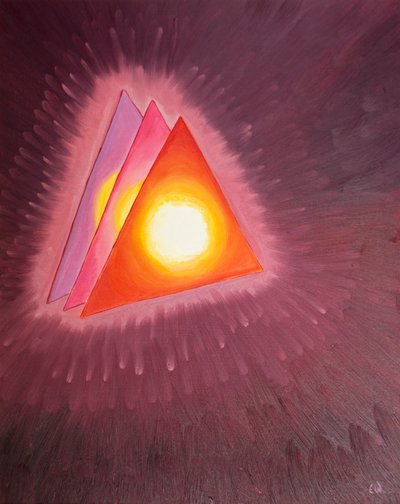 Foi-me mostrado um símbolo da Santíssima Trindade: três triângulos, com um fogo como lava derretida (representando o Amor Divino) no centro de cada um, 2003 (óleo a bordo) de Elizabeth Wang