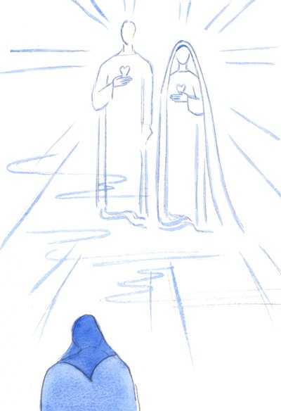 Foi-me mostrado os Dois Corações: do Cristo sem pecado e de Sua Imaculada Mãe, na Radiante Luz do Céu, 2002 (w - c no papel) de Elizabeth Wang