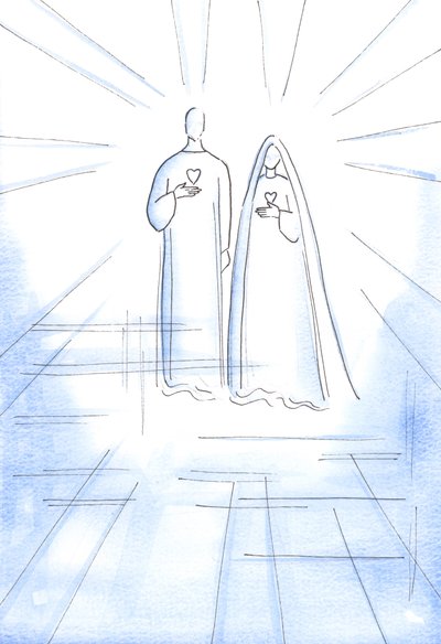 Foi-me mostrado os Dois Corações: do Cristo sem pecado e de Sua Imaculada Mãe, na Radiante Luz do Céu, 2002 (w - c no papel) de Elizabeth Wang