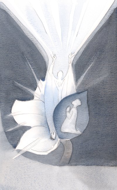 Se eu abrir minha alma para Deus, a própria beleza de Cristo faz sua própria obra de glória, como uma flor se abrindo. Seu elogio aumenta, sem ser impedido por mim., 2000 (w - c no papel) de Elizabeth Wang