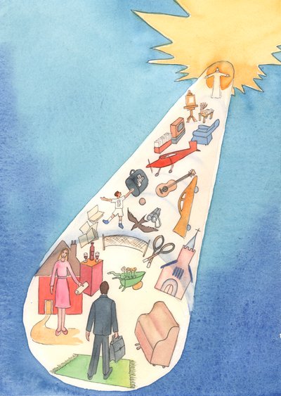 Se afirmamos estar caminhando em um caminho para o Céu, quantas coisas desnecessárias no caminho estão nos distraindo ou corrompendo , 2004 (w - c no papel) de Elizabeth Wang