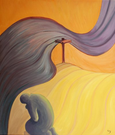 Se nos agarrarmos à Cruz, nenhuma força do mal pode nos vencer, 2001 (óleo a bordo) de Elizabeth Wang