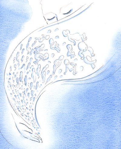 Aos olhos de Deus, os bebês que morrem - antes ou depois do nascimento - são como estrelas cadentes que brilham brevemente e depois caem do céu, 2002 (w - c no papel) de Elizabeth Wang