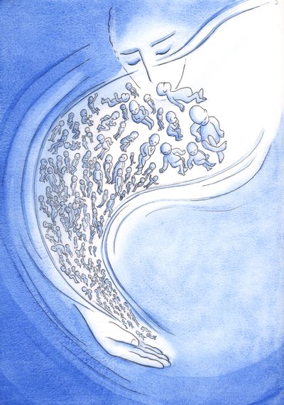 Aos olhos de Deus, os bebês que morrem - antes ou depois do nascimento - são como estrelas cadentes que brilham brevemente e depois caem do céu, 2002 (w - c no papel) de Elizabeth Wang