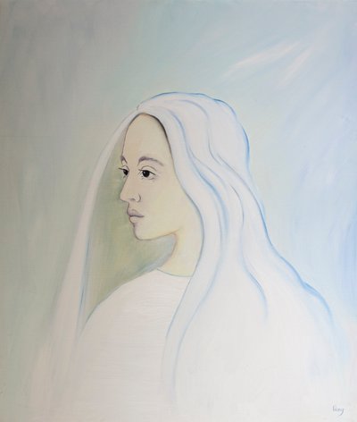 No céu, a Virgem Maria compartilha da preocupação de seu filho por tudo o que acontece na terra, 2000 (óleo a bordo) de Elizabeth Wang