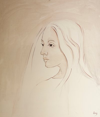 No céu, a Virgem Maria compartilha da preocupação de seu filho por tudo o que acontece na terra, 2000 (óleo a bordo) de Elizabeth Wang