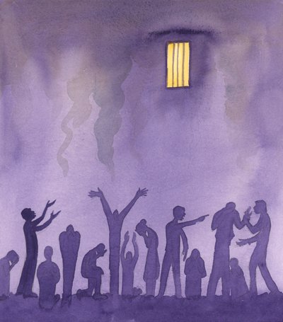 Na vida terrena, existem prisões onde a vida é insuportável, pois os prisioneiros lutam entre si e são atormentados por guardas que os deixam com fome, sede e excrementos até aos joelhos, 2005 (aguarela sobre papel) de Elizabeth Wang