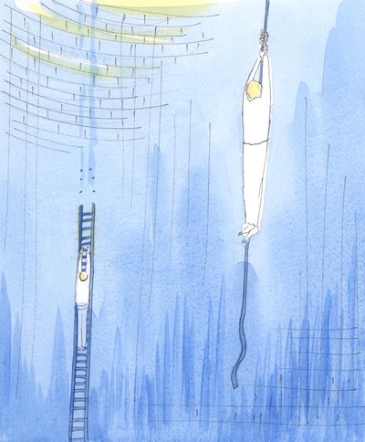 Em intercessão, é como se Deus permitisse que uma pessoa desça em uma corda para resgatar outra pessoa que está presa em um poço profundo no subsolo, 2004 (w - c no papel) de Elizabeth Wang