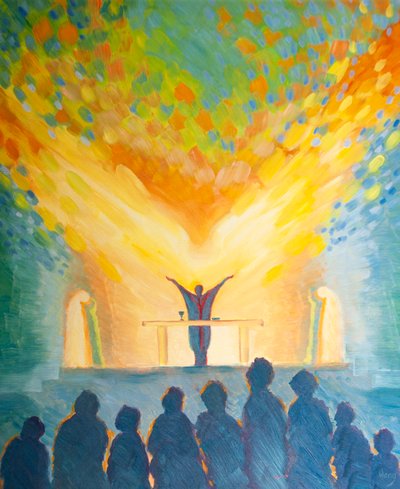 Na Sagrada Liturgia, assim como na nossa oração pessoal, contamos com a força do Espírito Santo, 2000 (óleo a bordo) de Elizabeth Wang