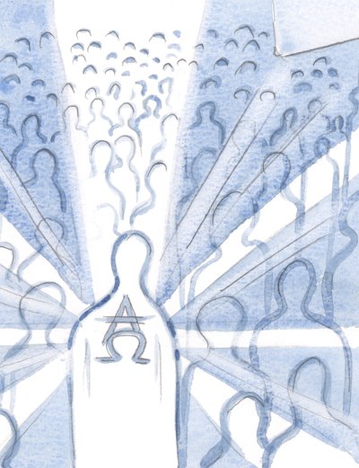 Na alma que adora a Santíssima Trindade, Deus é o primeiro e o último, Alfa e Ômega, entronizados ali pelo consentimento da alma à Vontade de Deus, 2000 (w - c no papel) de Elizabeth Wang