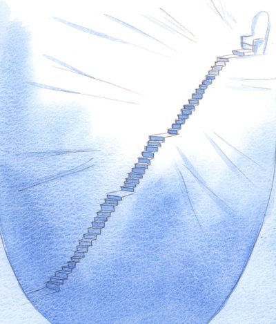 Na vida espiritual, existe uma escada à frente, muito íngreme, mas com locais de descanso. No topo está o trono de Deus. O caminho está claro, 2002 (w - c no papel) de Elizabeth Wang