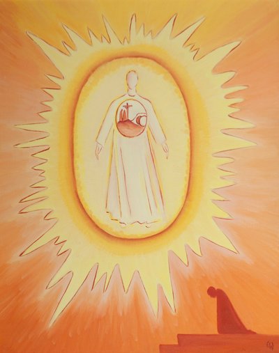 Ao voltar-me para o Cristo Ressuscitado que está com o Pai do Céu, encontro em Cristo todos os acontecimentos salvadores da Sua vida que são a razão da minha esperança, 2002 (óleo a bordo) de Elizabeth Wang