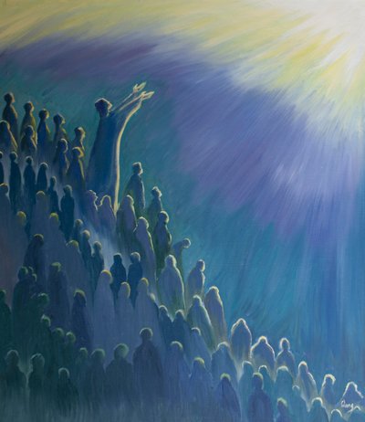 É através de Jesus, que intercede por nós na Santa Missa, que a nossa oração sobe ao Pai, no Espírito, 2000 (óleo a bordo) de Elizabeth Wang