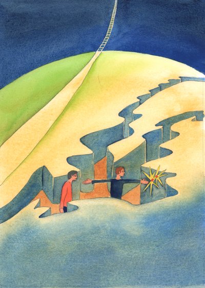 Parece para algumas pessoas que os caminhos que eles pessoalmente esculpiram nas paredes rochosas de suas vidas podem levar a Deus, 2003 (w - c no papel) de Elizabeth Wang