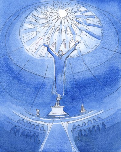 Era um pedido sincero do Senhor: "Dizei a todos os que quiserem ouvir" - que Jesus, nosso Deus e Salvador, está verdadeiramente Presente em cada Missa, "escondido" nas espécies sagradas, e rezando, tal como fez no Calvário, pelos pecadores, 2005 (aguarela  de Elizabeth Wang