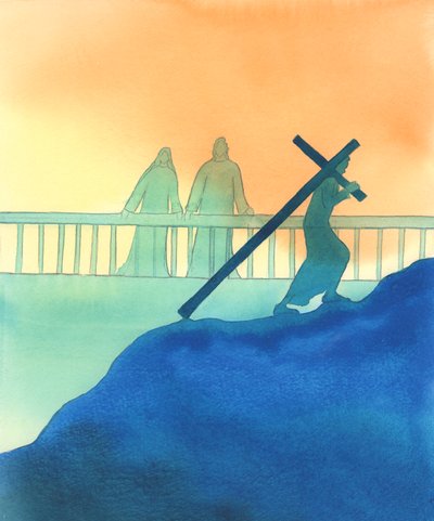 Jesus e Maria olham para nós com ternura enquanto seguimos a nossa Via Sacra, 2000 (w - c no papel) de Elizabeth Wang