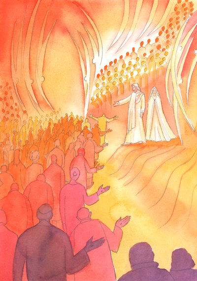 Jesus crucificado espera na porta do céu, com sua mãe Maria e os santos anjos, 2000 (w - c no papel) de Elizabeth Wang