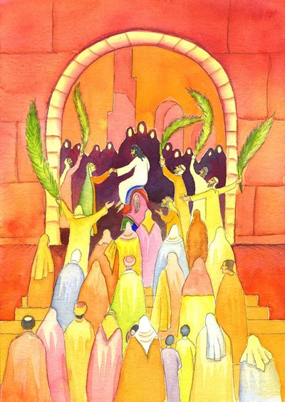 Jesus entra em Jerusalém em procissão (Domingo de Ramos), 2001 (w - c no papel) de Elizabeth Wang