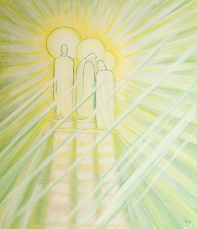 Jesus dá grande poder de intercessão a Nossa Senhora e São José, e a todos os que oram pelos outros em seu nome, 2000 (óleo a bordo) de Elizabeth Wang