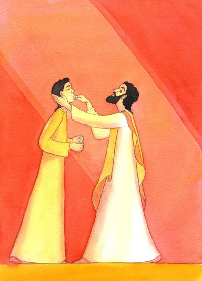 Jesus cura o surdo, ao erguer os olhos ao céu, em oração, 2001 (w - c no papel) de Elizabeth Wang