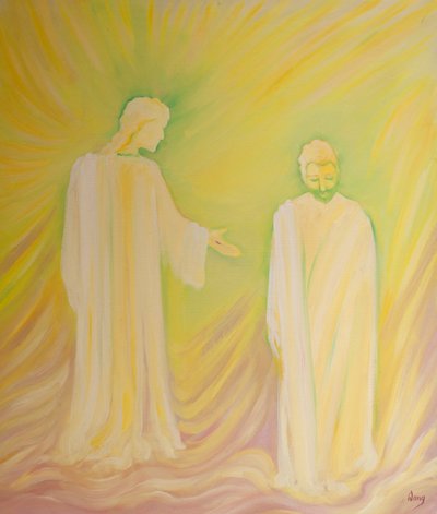 Jesus homenageia São José, seu pai adotivo, e nos pede para admirar suas virtudes e pedir suas orações, 2000 (óleo a bordo) de Elizabeth Wang
