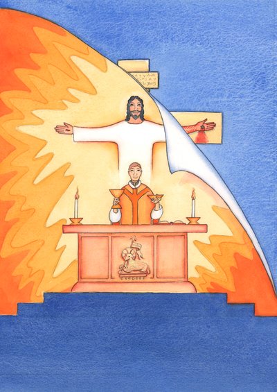 Jesus está presente conosco na missa, orando ao Pai em nosso nome, por ajuda em nossas necessidades e pela salvação eterna. Podemos unir todas as nossas orações com sua grande oração de sacrifício, 2004 (w - c on pa de Elizabeth Wang