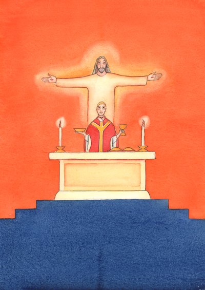 Jesus está presente conosco na missa, orando ao Pai em nosso nome, por ajuda em nossas necessidades e pela salvação eterna. Podemos unir todas as nossas orações com sua grande oração de sacrifício, 2004 (w - c on pa de Elizabeth Wang