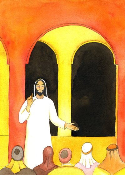Jesus pregou no Templo, falando a verdade e irritando algumas pessoas que planejaram prejudicá-lo, 2001 (w - c no papel) de Elizabeth Wang