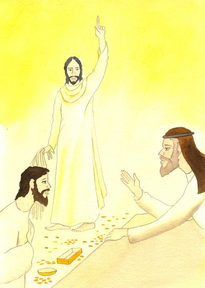 Jesus diz aos cambistas do Templo: Não está escrito: "A minha casa será chamada casa de oração para todas as nações", 2001 (w - c no papel) de Elizabeth Wang