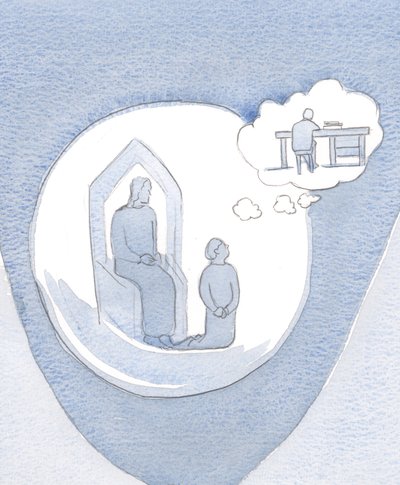 Jesus espera com infinita paciência e bondade, quando decidi orar, mas descubro que estou distraído por pensamentos sobre o trabalho que tenho feito, 2000 (w - c no papel) de Elizabeth Wang
