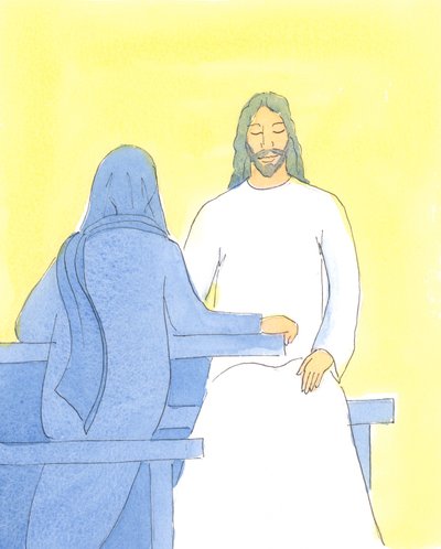 Jesus foi revigorado e alegre ao sentar-se com Seus amigos em Betânia, em um silêncio bem-vindo, 2004 (w - c no papel) de Elizabeth Wang