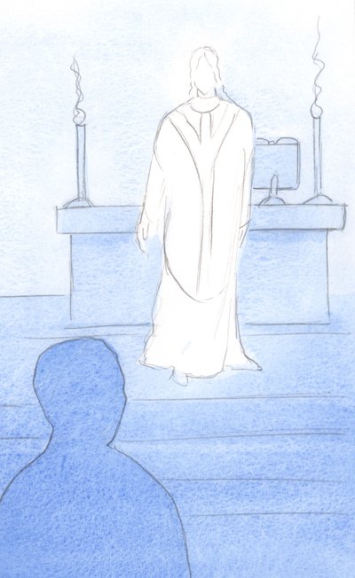 Jesus esteve presente entre nós na Missa, vestido de sacerdote, voltando-se para nós para nos conduzir à oração, 2000 (w - c no papel) de Elizabeth Wang